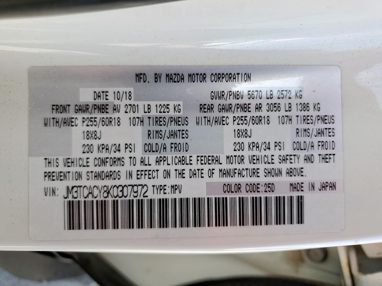 2019 Mazda Cx-9 Touring VIN: JM3TCACY8K0307972 Lot: 61796325