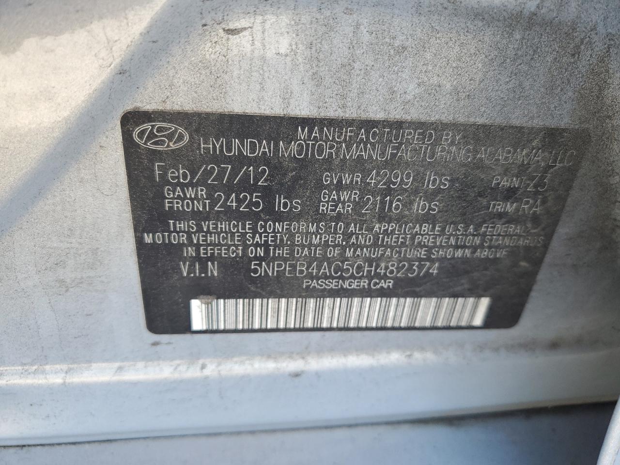 2012 Hyundai Sonata Gls VIN: 5NPEB4AC5CH482374 Lot: 62338405