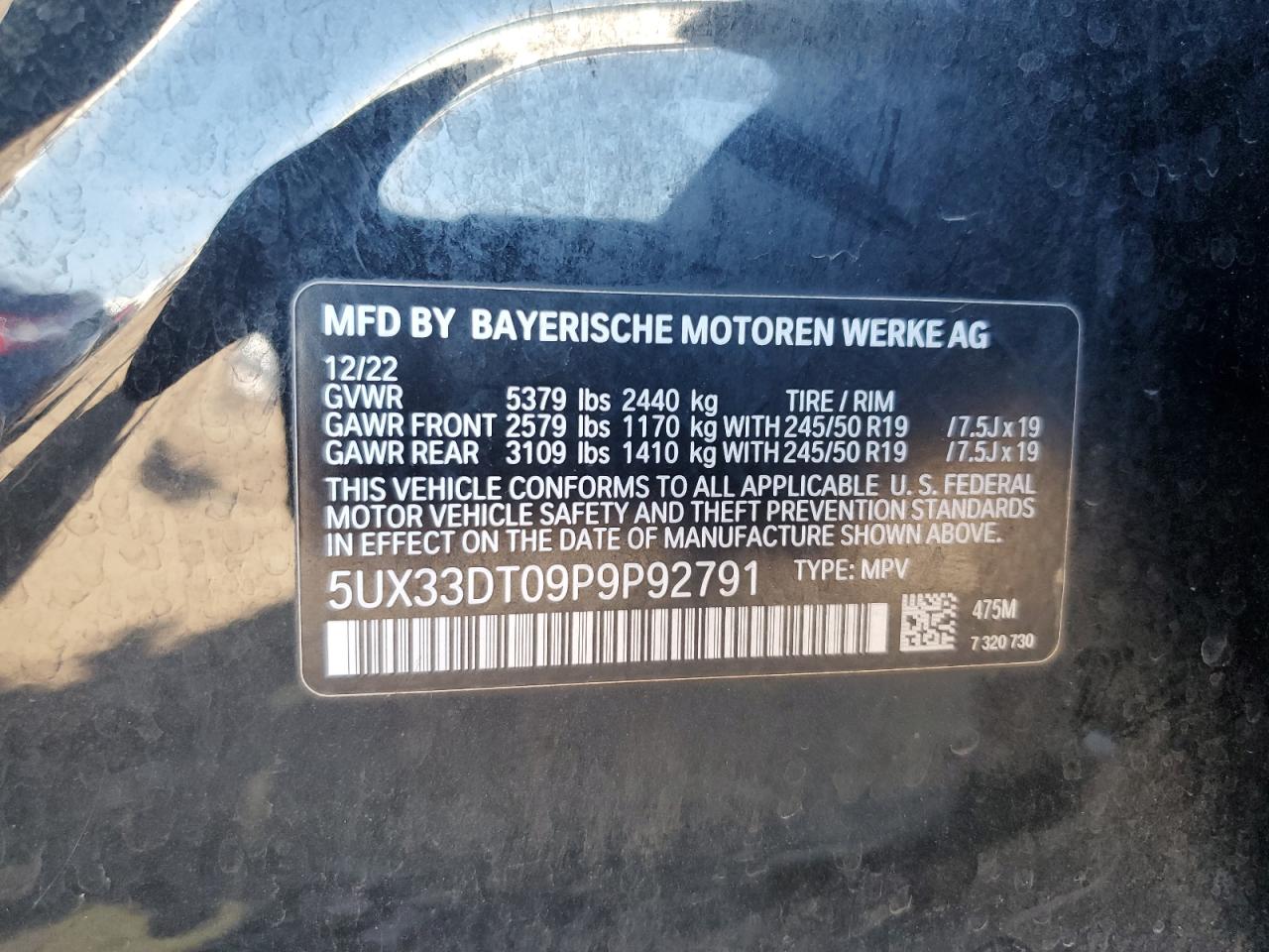 2023 BMW X4 xDrive30I VIN: 5UX33DT09P9P92791 Lot: 62067075