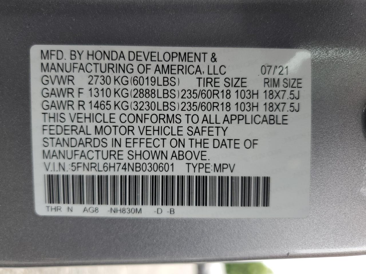 2022 Honda Odyssey Exl VIN: 5FNRL6H74NB030601 Lot: 62287885