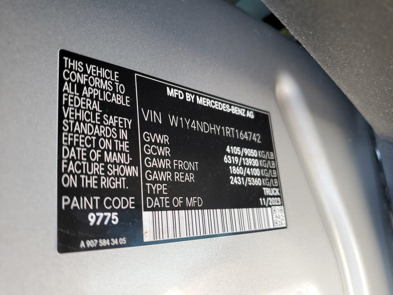 2024 Mercedes-Benz Sprinter 2500 VIN: W1Y4NDHY1RT164742 Lot: 59368055