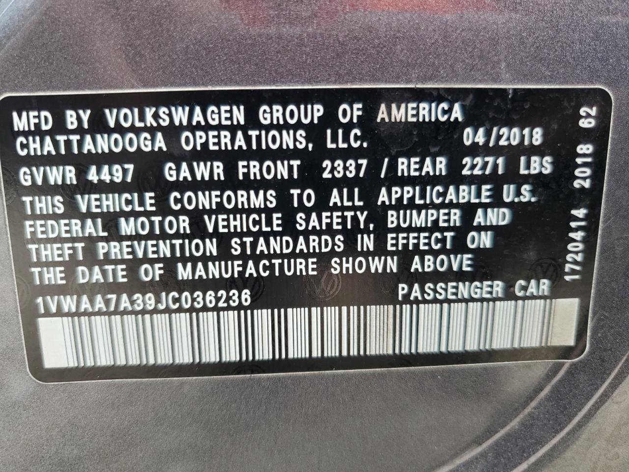 2018 Volkswagen Passat S VIN: 1VWAA7A39JC036236 Lot: 62844895