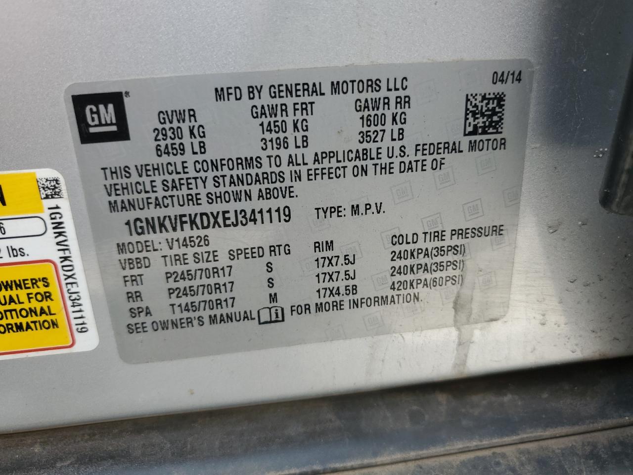 2014 Chevrolet Traverse Ls VIN: 1GNKVFKDXEJ341119 Lot: 62544725