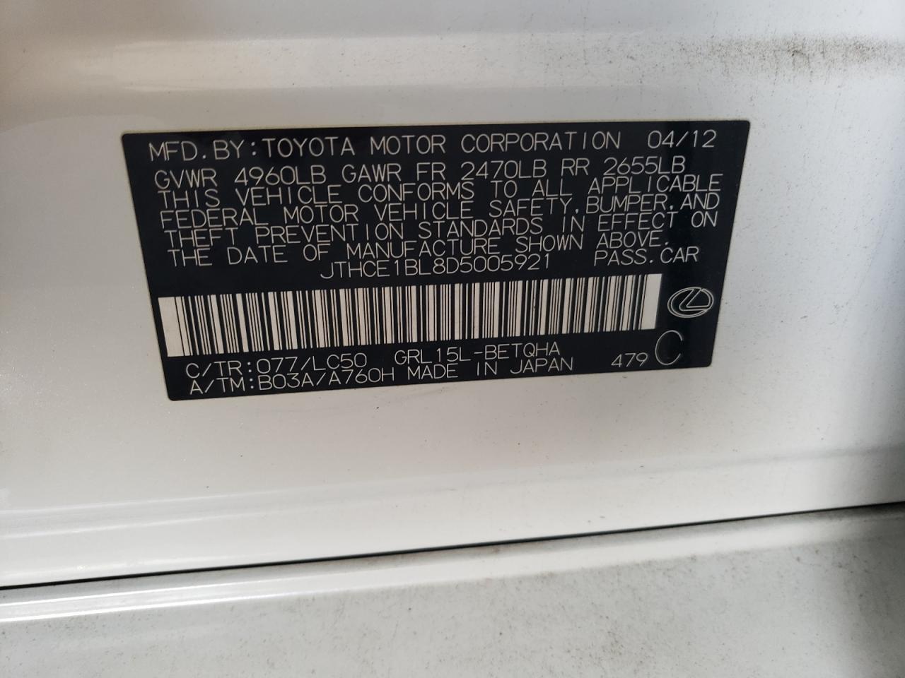2013 Lexus Gs 350 VIN: JTHCE1BL8D5005921 Lot: 62597105