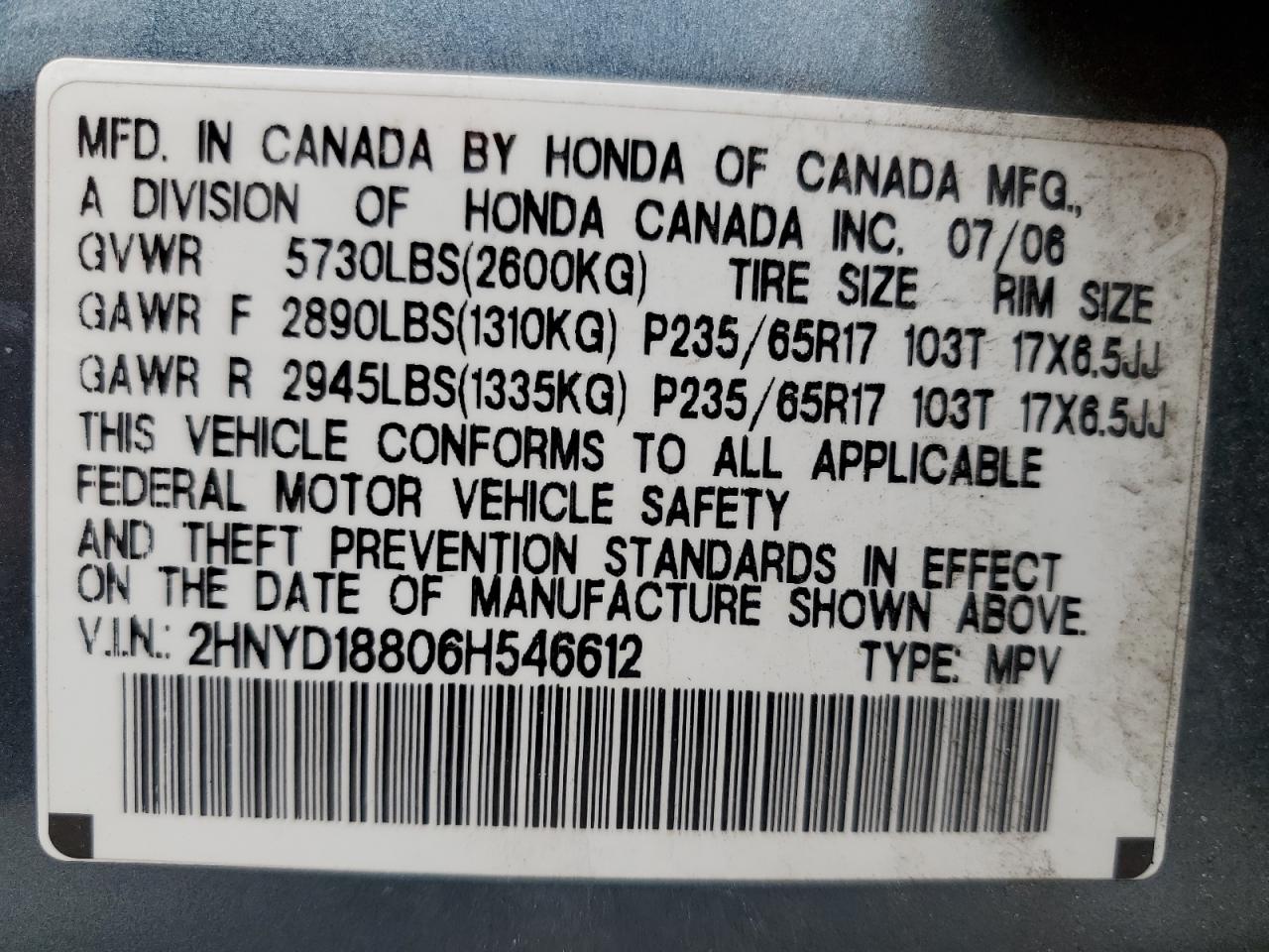 2006 Acura Mdx Touring VIN: 2HNYD18806H546612 Lot: 62953795