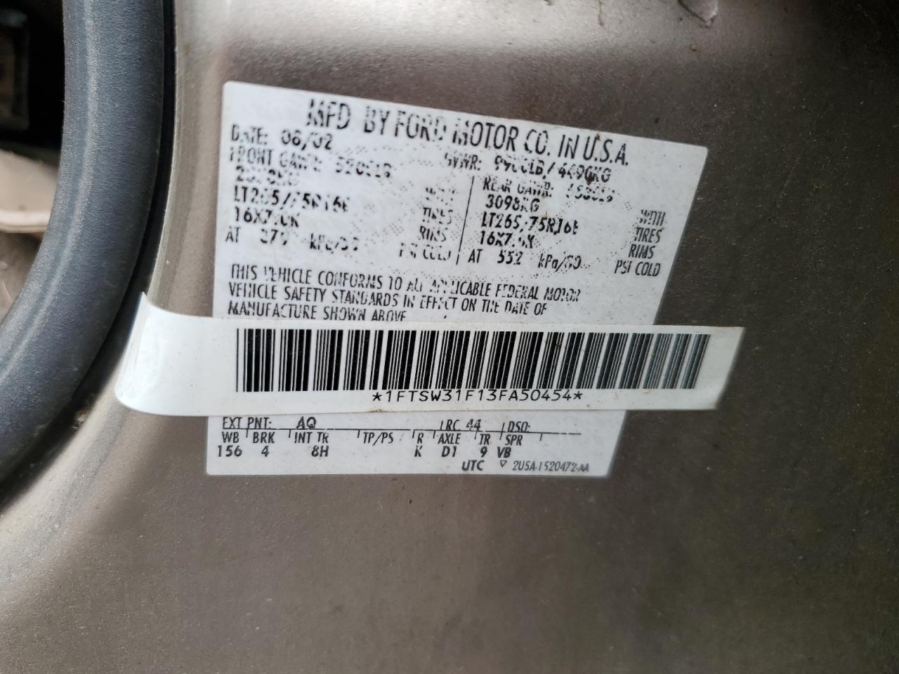 2003 Ford F350 Srw Super Duty VIN: 1FTSW31F13EA50456 Lot: 62838035