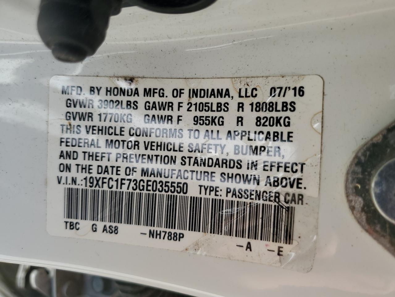 2016 Honda Civic Exl VIN: 19XFC1F73GE035550 Lot: 61748235