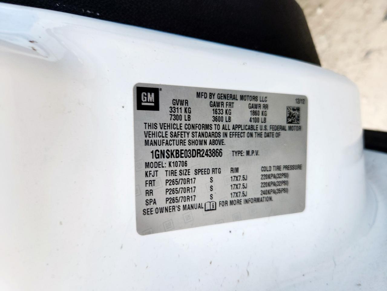 2013 Chevrolet Tahoe K1500 Lt VIN: 1GNSKBE03DR243866 Lot: 62730985