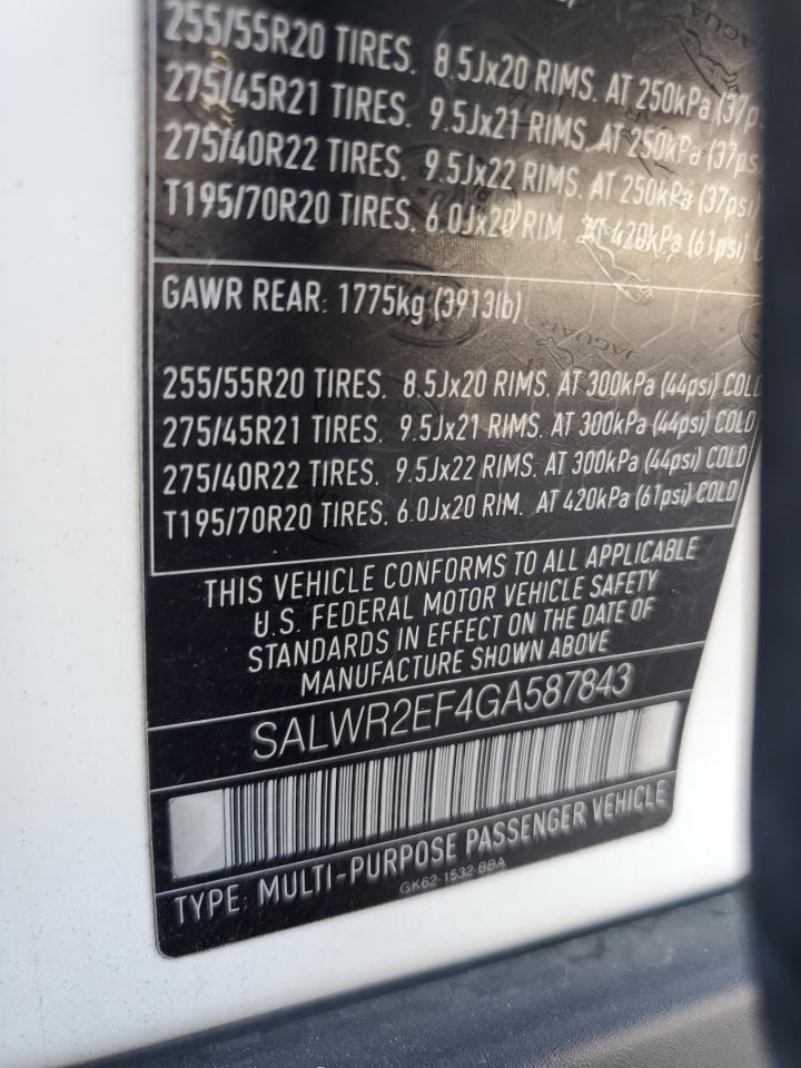 2016 Land Rover Range Rover Sport Sc VIN: SALWR2EF4GA587843 Lot: 62154555