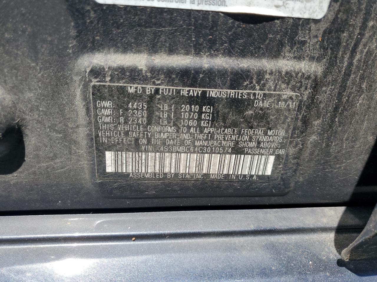 2012 Subaru Legacy 2.5I Premium VIN: 4S3BMBC64C3010574 Lot: 61754625