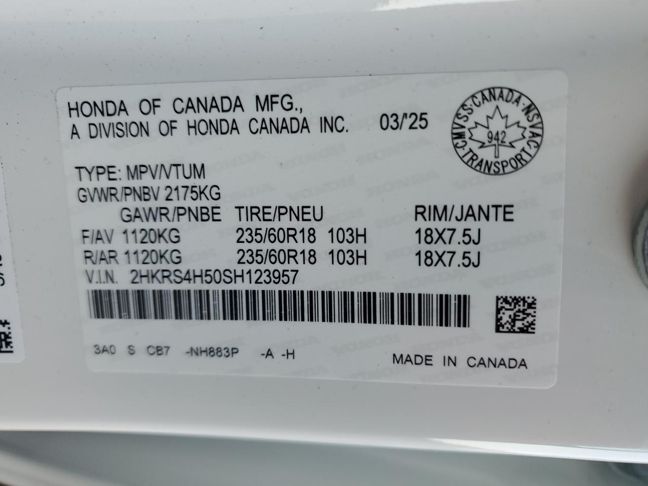 2025 Honda Cr-V Sport VIN: 2HKRS4H50SH123957 Lot: 62124035