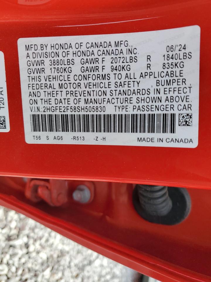 2025 Honda Civic Sport VIN: 2HGFE2F58SH505830 Lot: 60884125