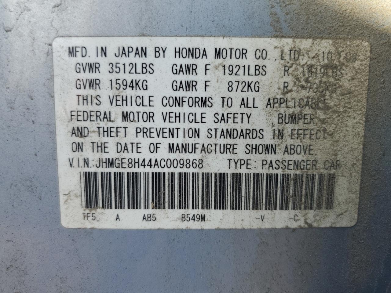 2010 Honda Fit Sport VIN: JHMGE8H44AC009868 Lot: 62073225