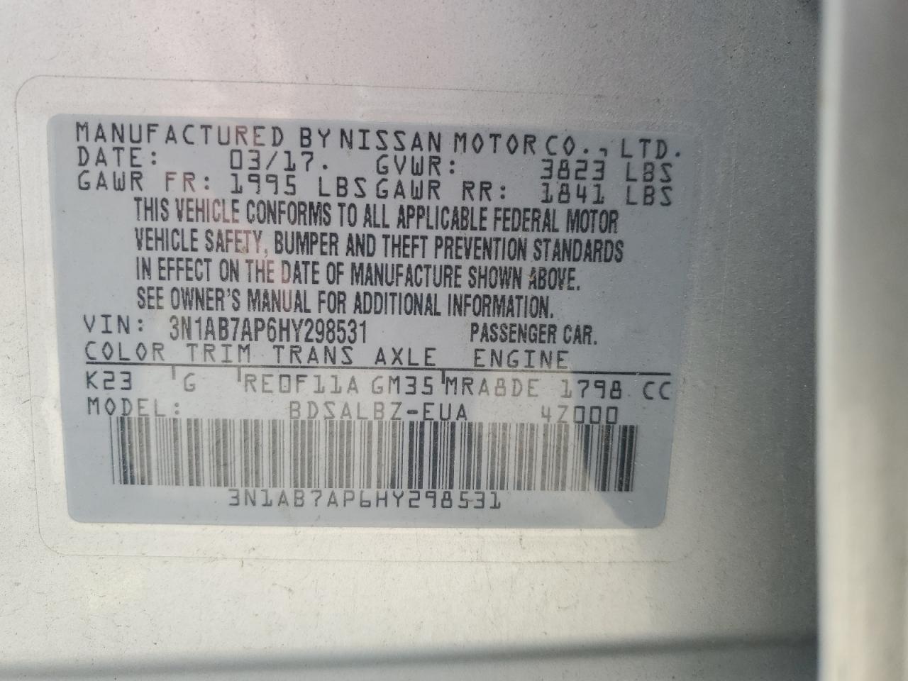 2017 Nissan Sentra S VIN: 3N1AB7AP6HY298531 Lot: 62726295