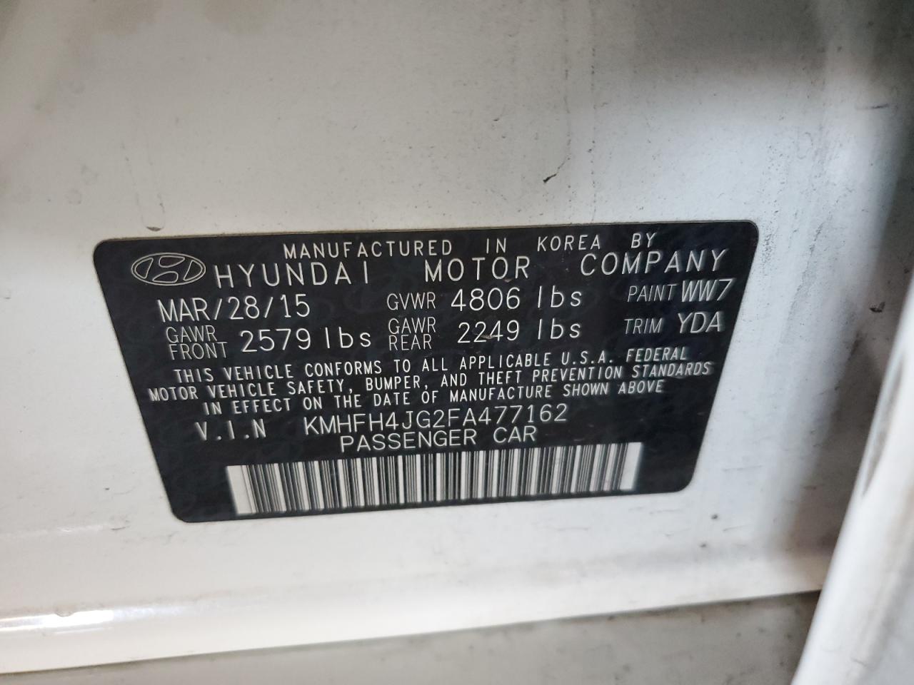 2015 Hyundai Azera Limited VIN: KMHFH4JG2FA477162 Lot: 61684235