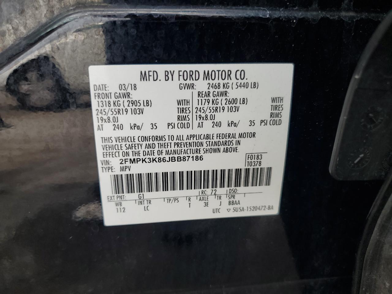2018 Ford Edge Titanium VIN: 2FMPK3K86JBB87186 Lot: 63000505
