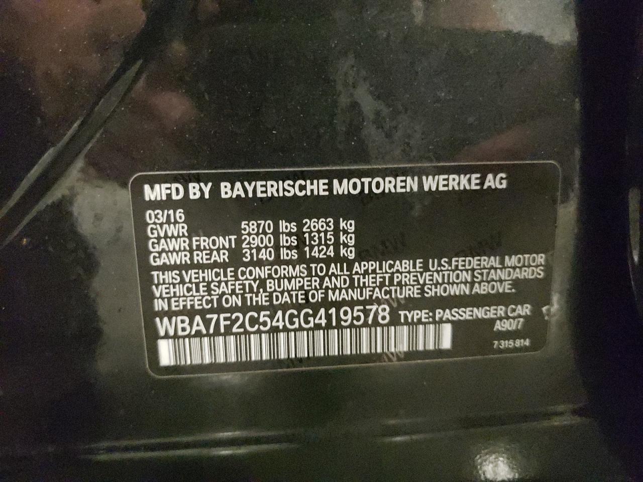2016 BMW 750 Xi VIN: WBA7F2C54GG419578 Lot: 59380365