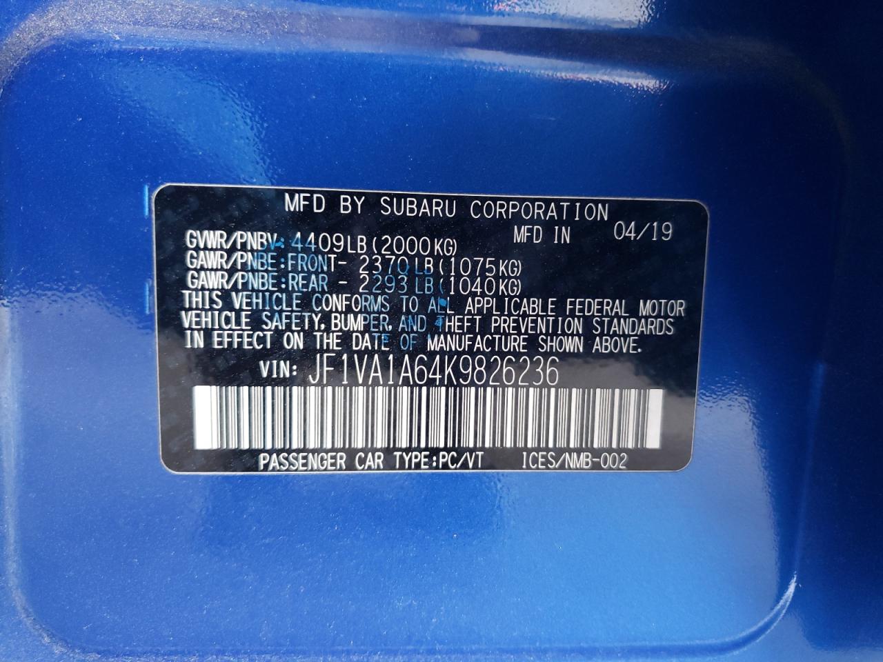 2019 Subaru Wrx VIN: JF1VA1A64K9826236 Lot: 61104575