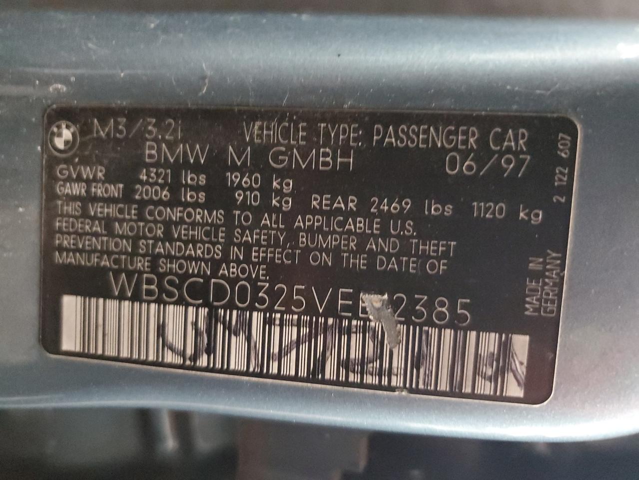 1997 BMW M3 Automatic VIN: WBSCD0325VEE12385 Lot: 61494375
