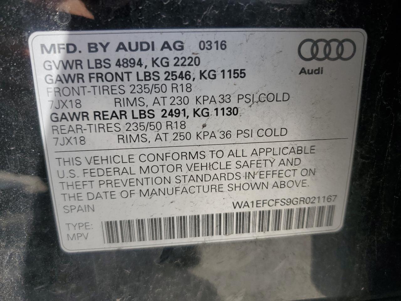2016 Audi Q3 Premium Plus VIN: WA1EFCFS9GR021167 Lot: 60133695