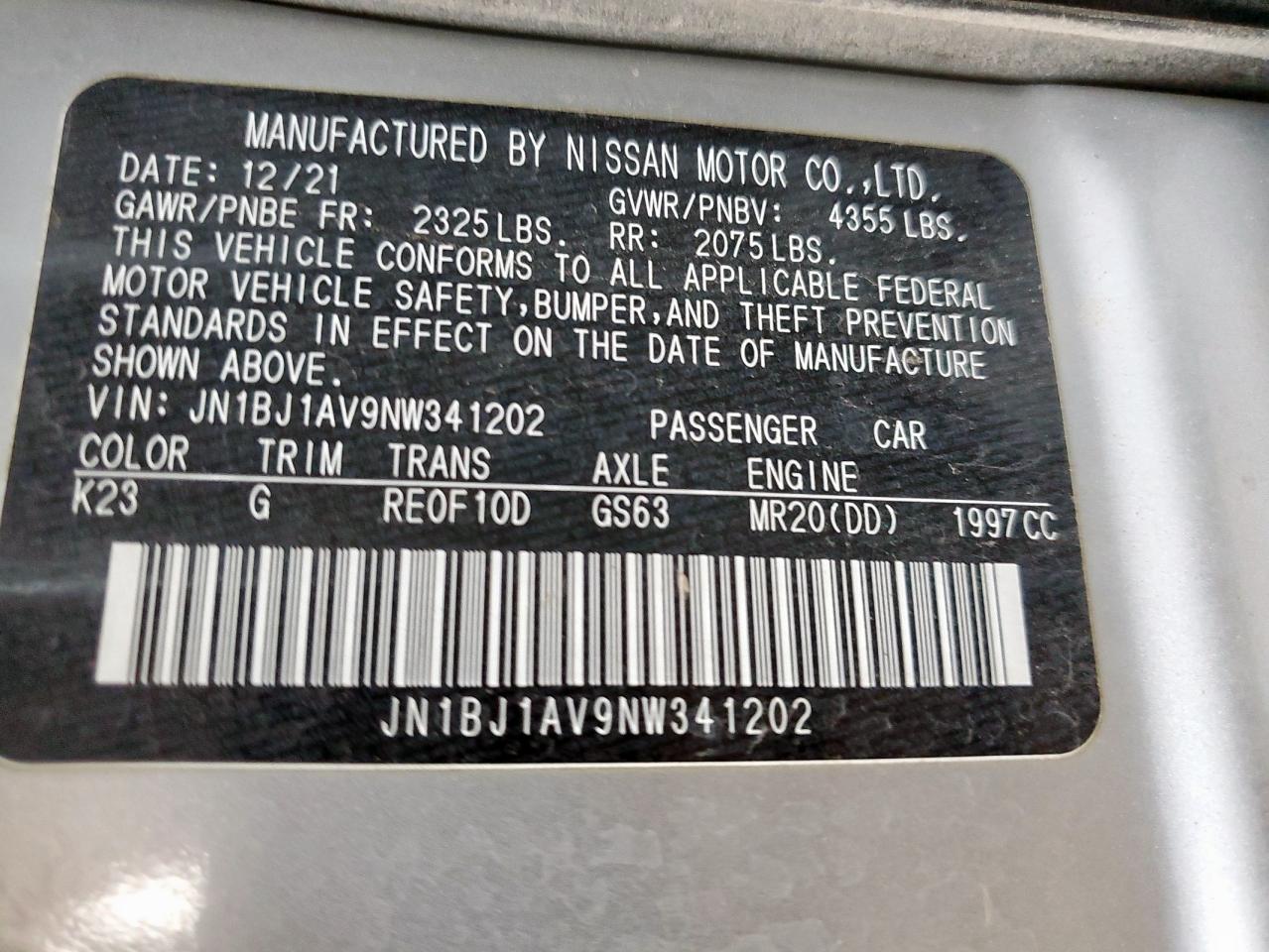 2022 Nissan Rogue Sport S VIN: JN1BJ1AV9NW341202 Lot: 61059525