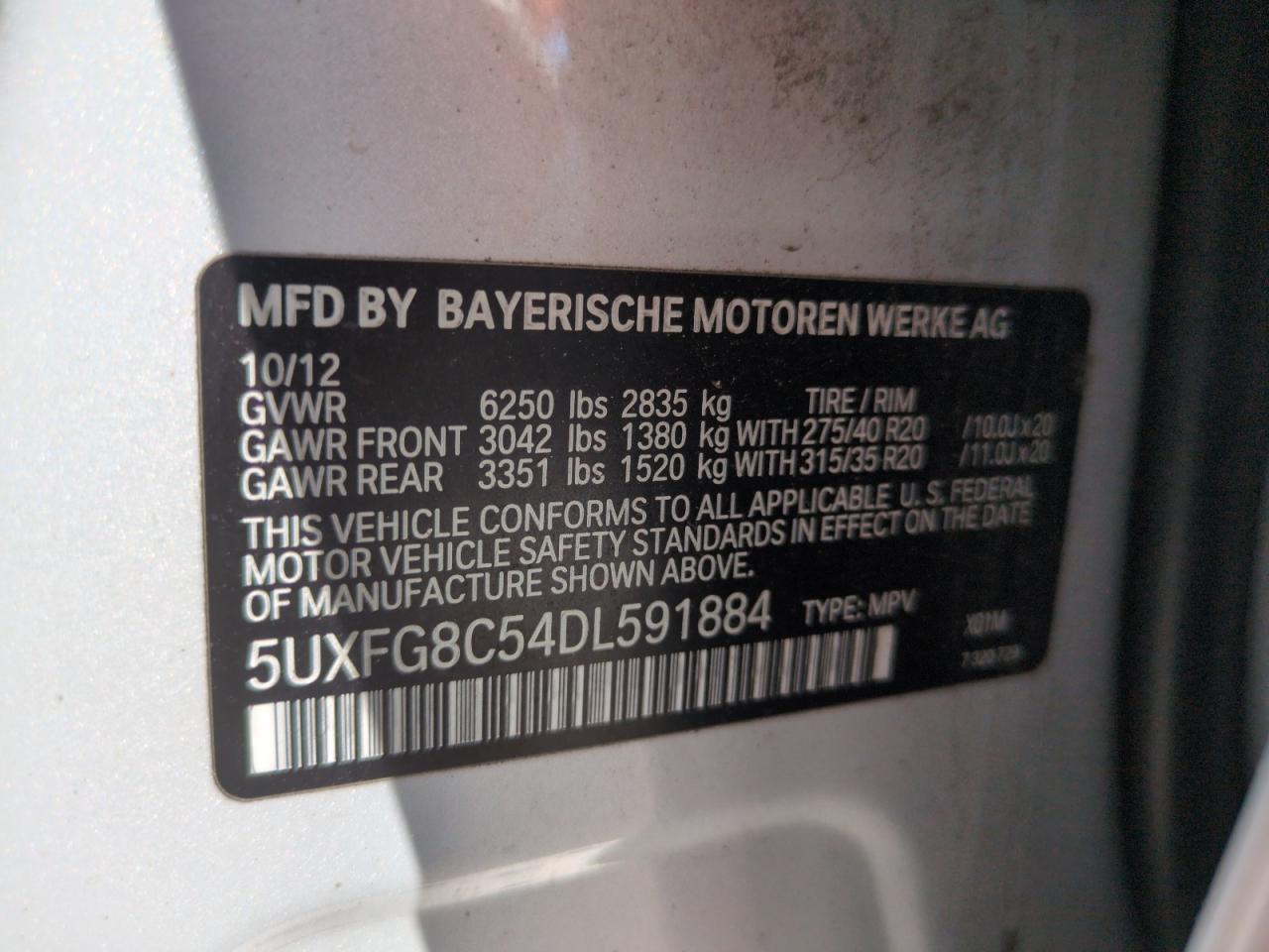 2013 BMW X6 xDrive50I VIN: 5UXFG8C54DL591884 Lot: 60642075