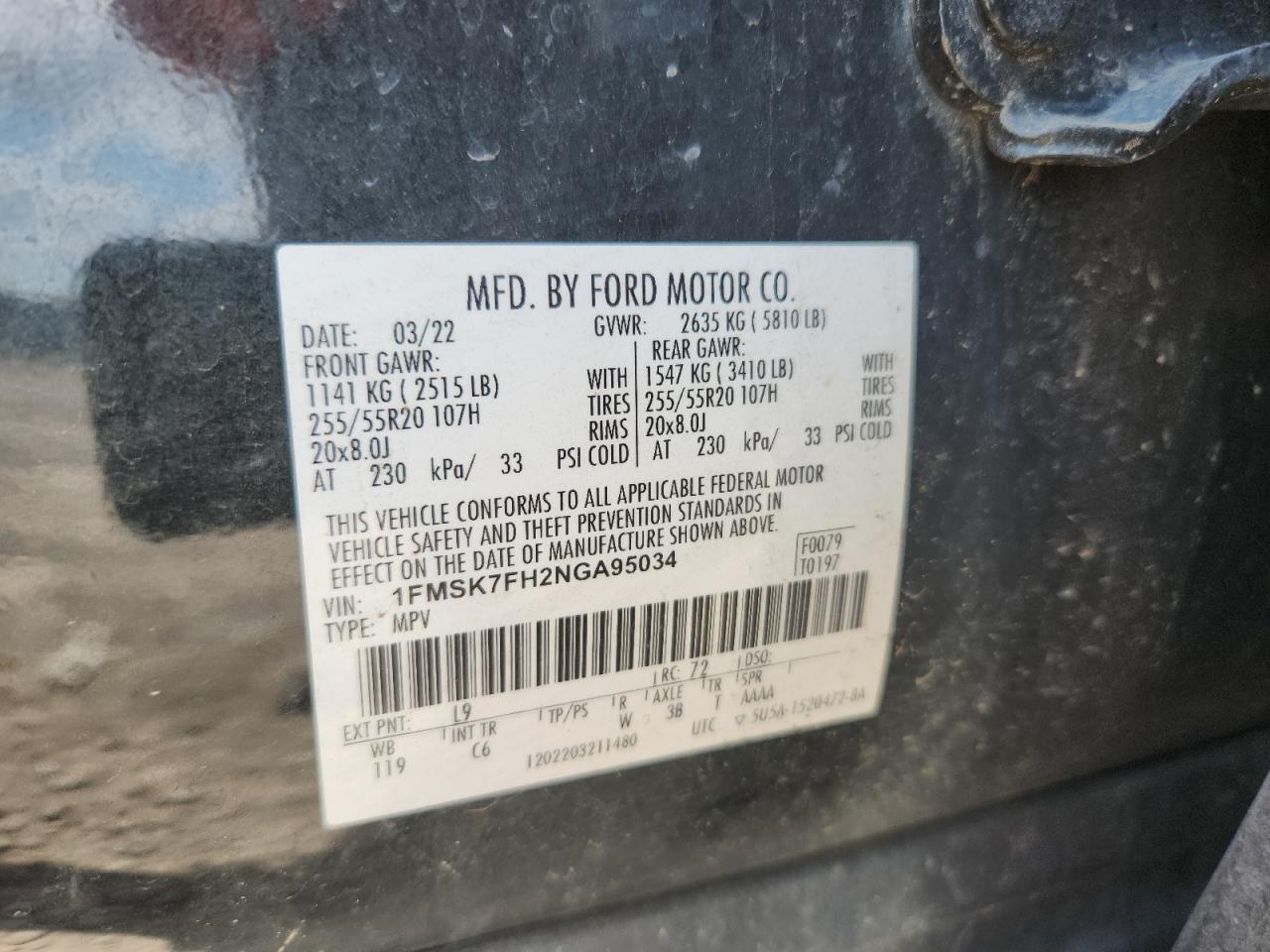 2022 Ford Explorer Limited VIN: 1FMSK7FH2NGA95034 Lot: 62224715