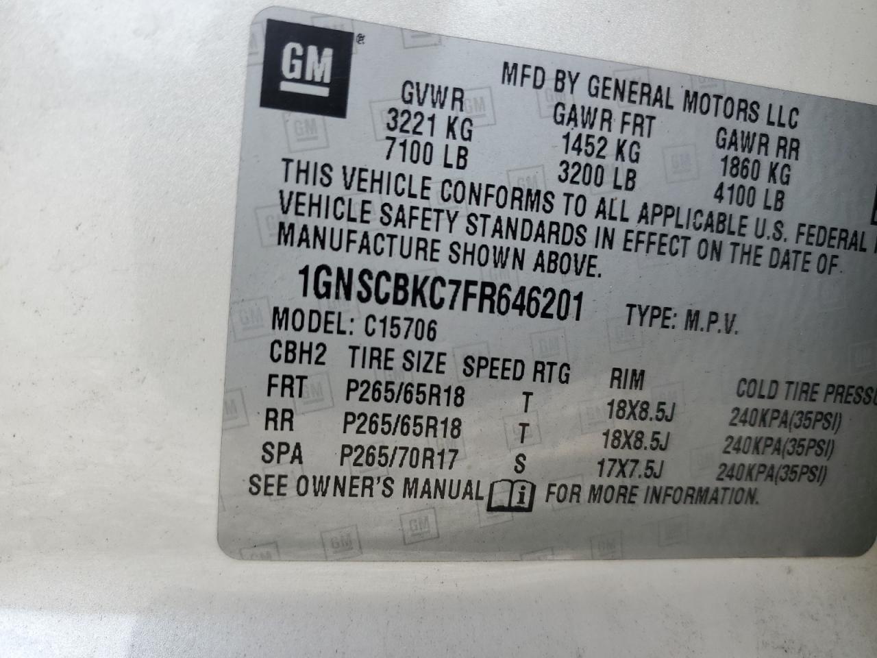 2015 Chevrolet Tahoe C1500 Lt VIN: 1GNSCBKC7FR646201 Lot: 60293075