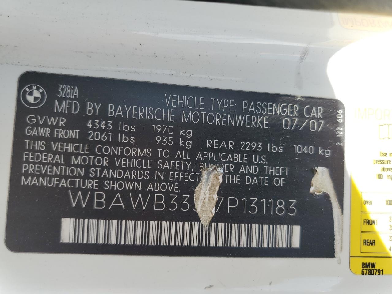 2007 BMW 328 I VIN: WBAWB33527P131183 Lot: 62190105