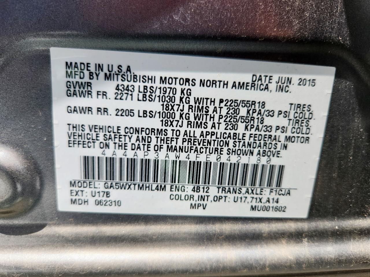 2015 Mitsubishi Outlander Sport Es VIN: 4A4AP3AW4FE042180 Lot: 63185955
