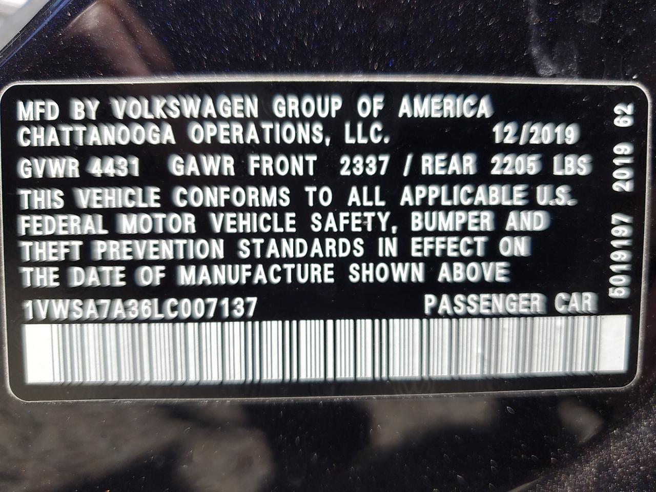 2020 Volkswagen Passat Se VIN: 1VWSA7A36LC007137 Lot: 61152585