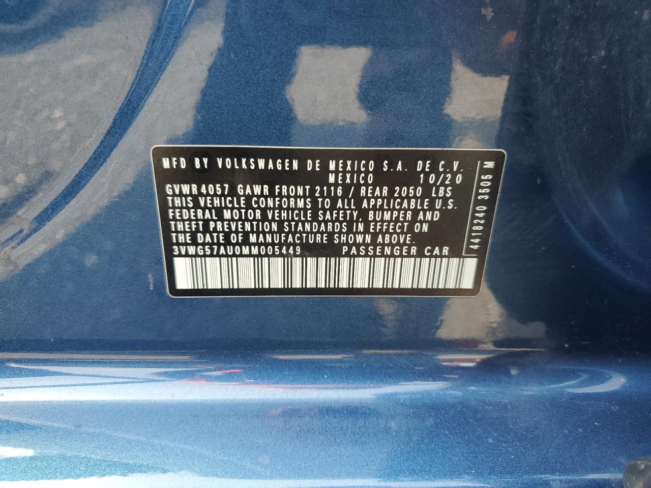 2021 Volkswagen Golf VIN: 3VWG57AU0MM005449 Lot: 60625155