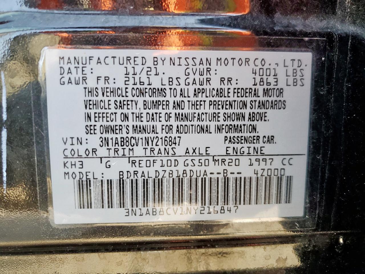 2022 Nissan Sentra Sv VIN: 3N1AB8CV1NY216847 Lot: 62720235