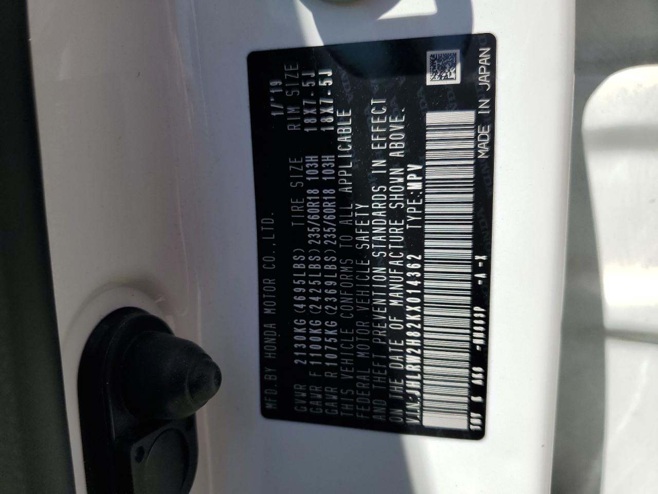 2019 Honda Cr-V Exl VIN: JHLRW2H82KX014362 Lot: 60650695