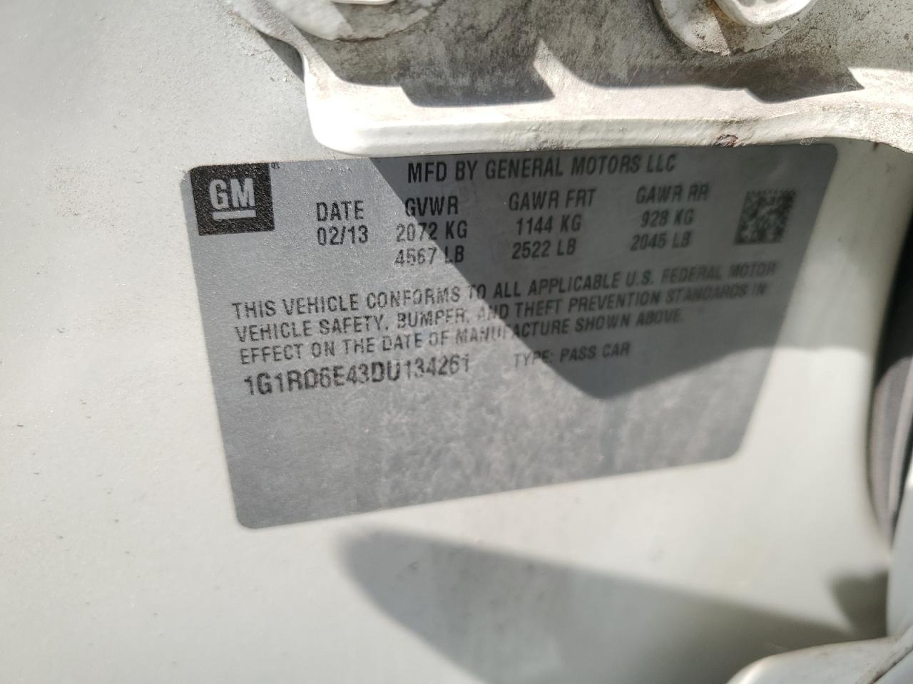2013 Chevrolet Volt VIN: 1G1RD6E43DU134261 Lot: 60291925