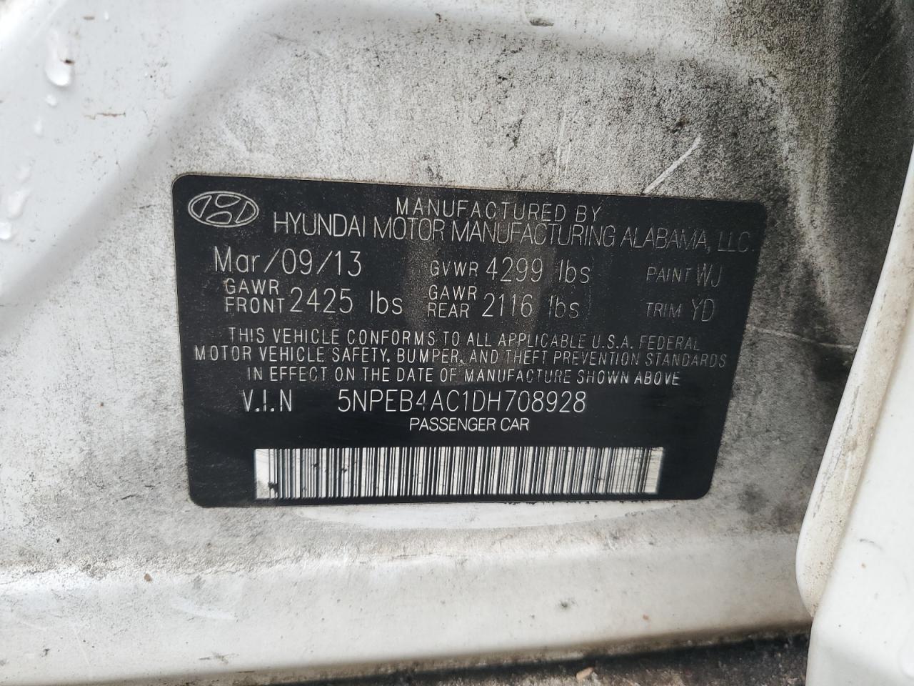 2013 Hyundai Sonata Gls VIN: 5NPEB4AC1DH708928 Lot: 59274985