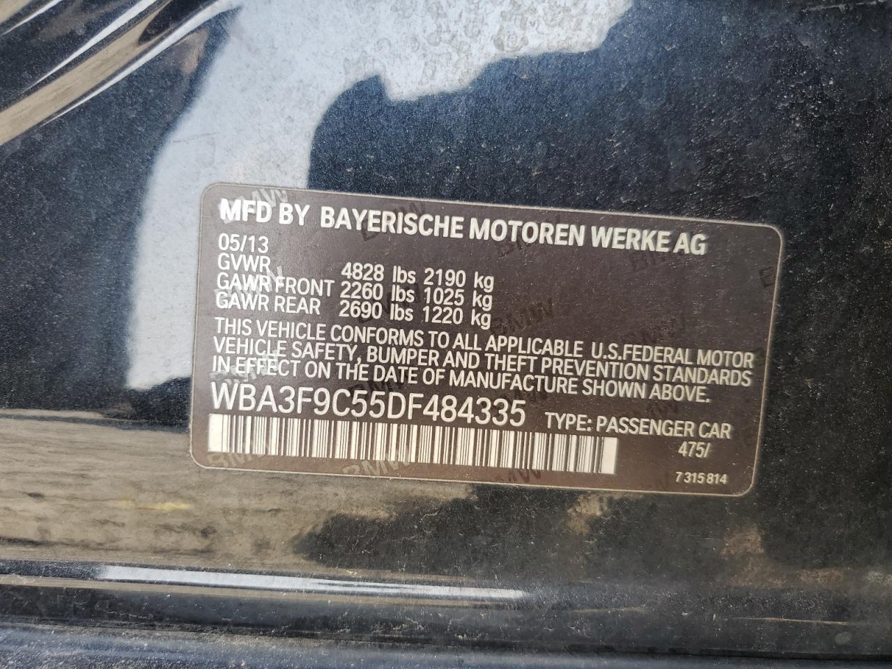 2013 BMW Activehybrid 3 VIN: WBA3F9C55DF484335 Lot: 62255755