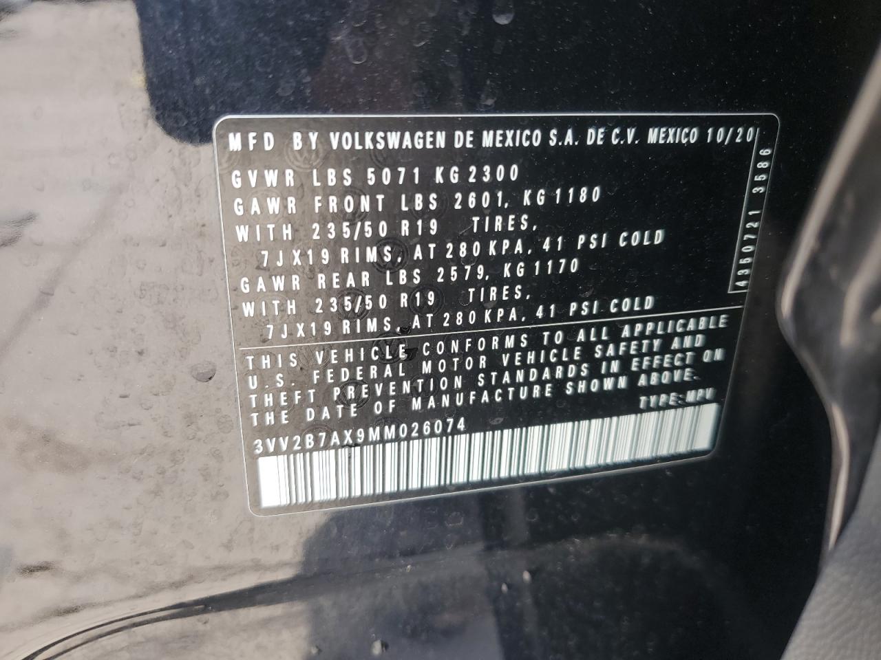 2021 Volkswagen Tiguan Se VIN: 3VV2B7AX9MM026074 Lot: 60147415