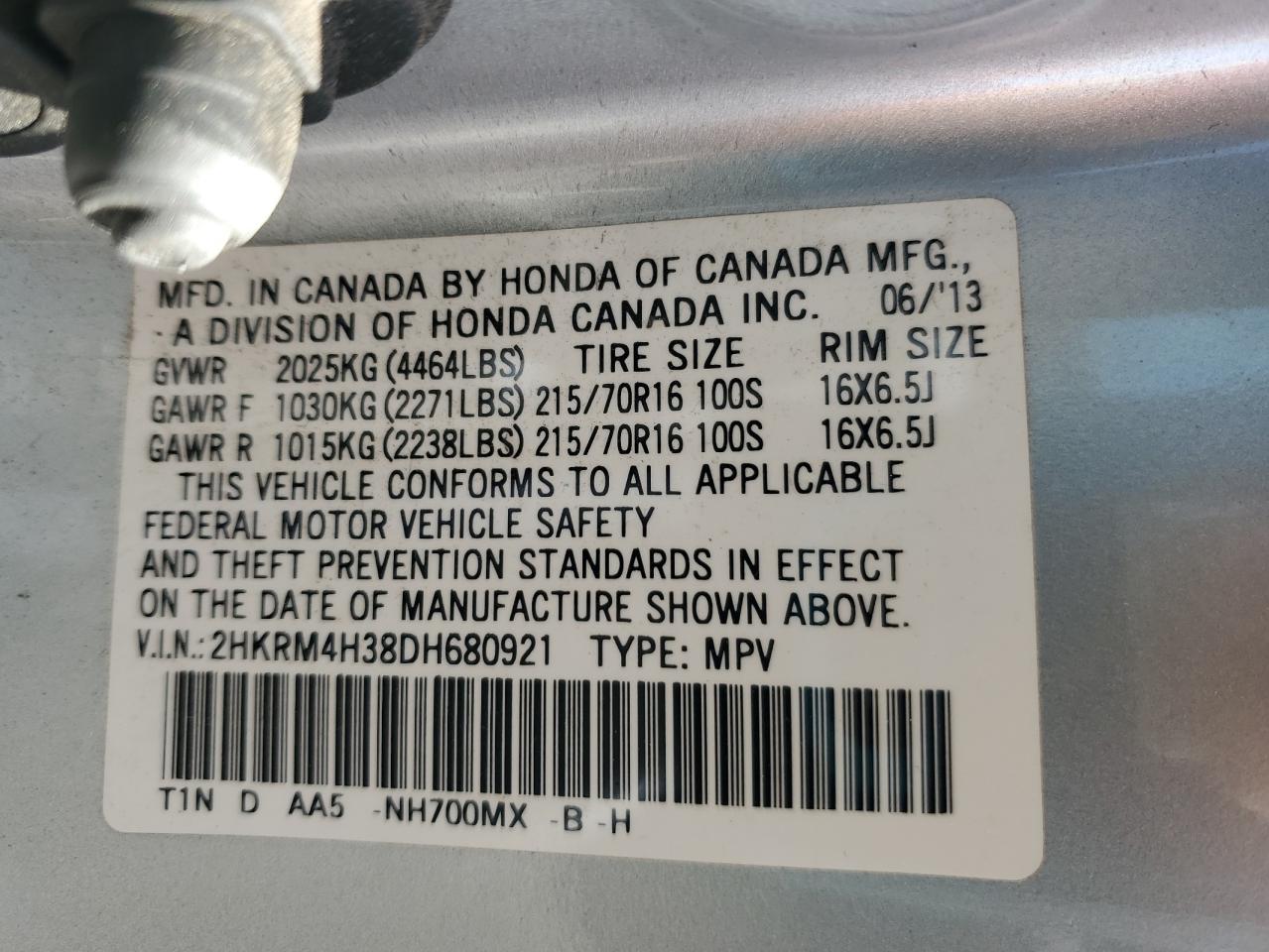 2013 Honda Cr-V Lx VIN: 2HKRM4H38DH680921 Lot: 59697895