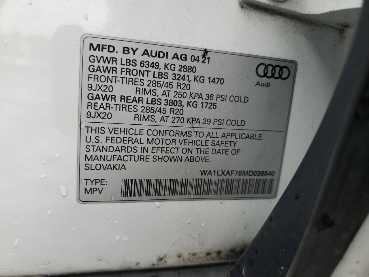 2021 Audi Q7 Premium Plus VIN: WA1LXAF76MD038540 Lot: 60283695