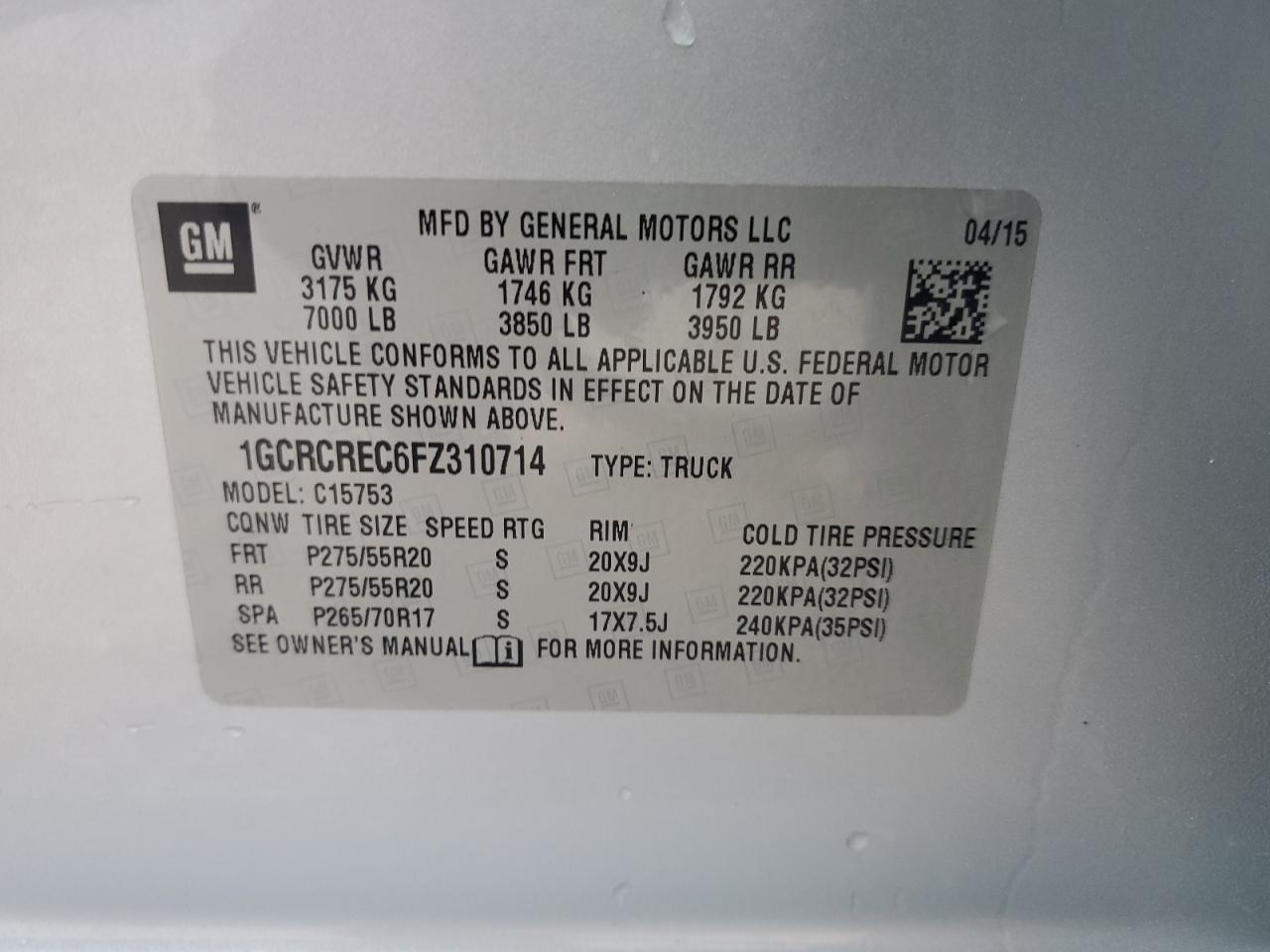 2015 Chevrolet Silverado C1500 Lt VIN: 1GCRCREC6FZ310714 Lot: 62086705