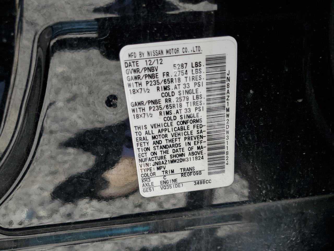 2013 Nissan Murano S VIN: JN8AZ1MW2DW311824 Lot: 62518555