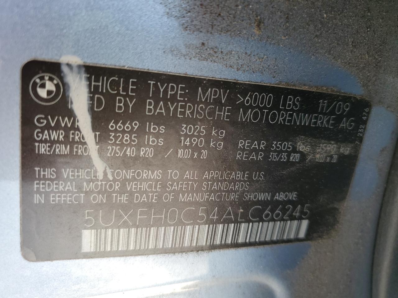 2010 BMW X6 Hybrid VIN: 5UXFH0C54ALC66245 Lot: 62366705