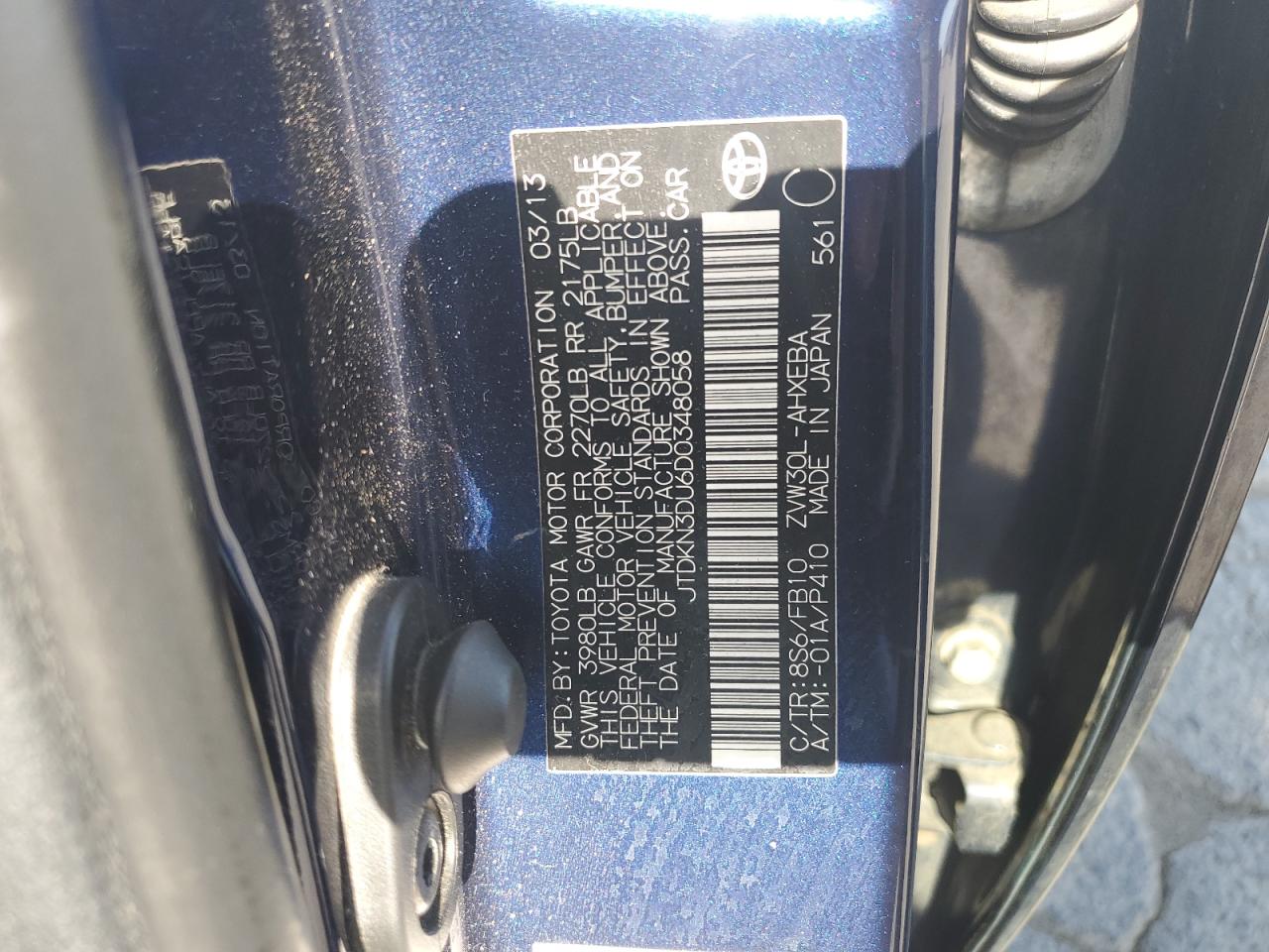 2013 Toyota Prius VIN: JTDKN3DU6D0348058 Lot: 60675475