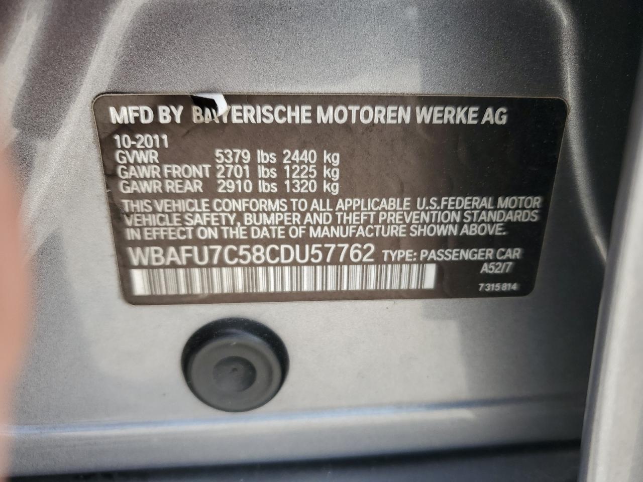 2012 BMW 535 Xi VIN: WBAFU7C58CDU57762 Lot: 62812875