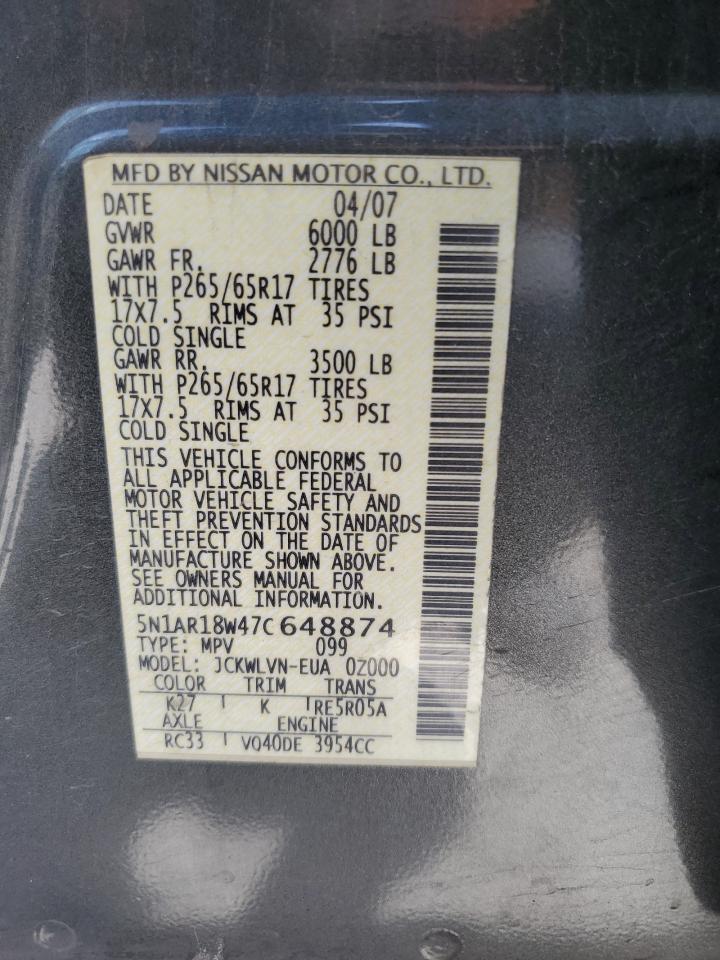 2007 Nissan Pathfinder Le VIN: 5N1AR18W47C648874 Lot: 59628175