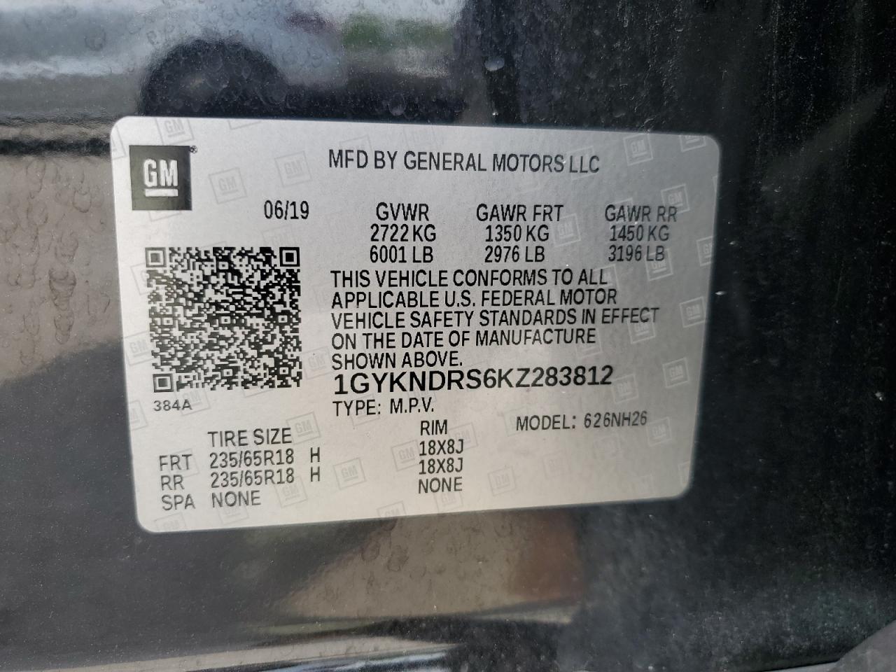 2019 Cadillac Xt5 Luxury VIN: 1GYKNDRS6KZ283812 Lot: 59014295