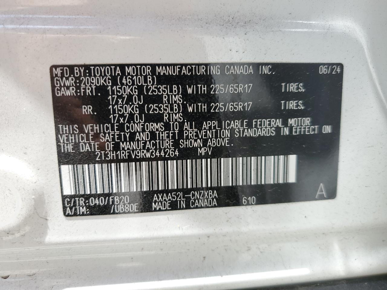 2024 Toyota Rav4 Le VIN: 2T3H1RFV9RW344264 Lot: 62704415