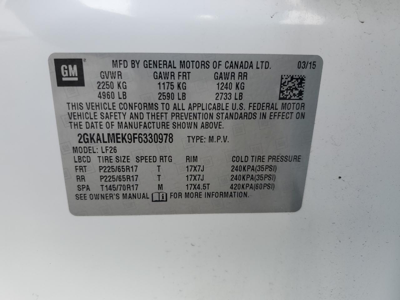 2015 GMC Terrain Sle VIN: 2GKALMEK9F6330978 Lot: 59797335