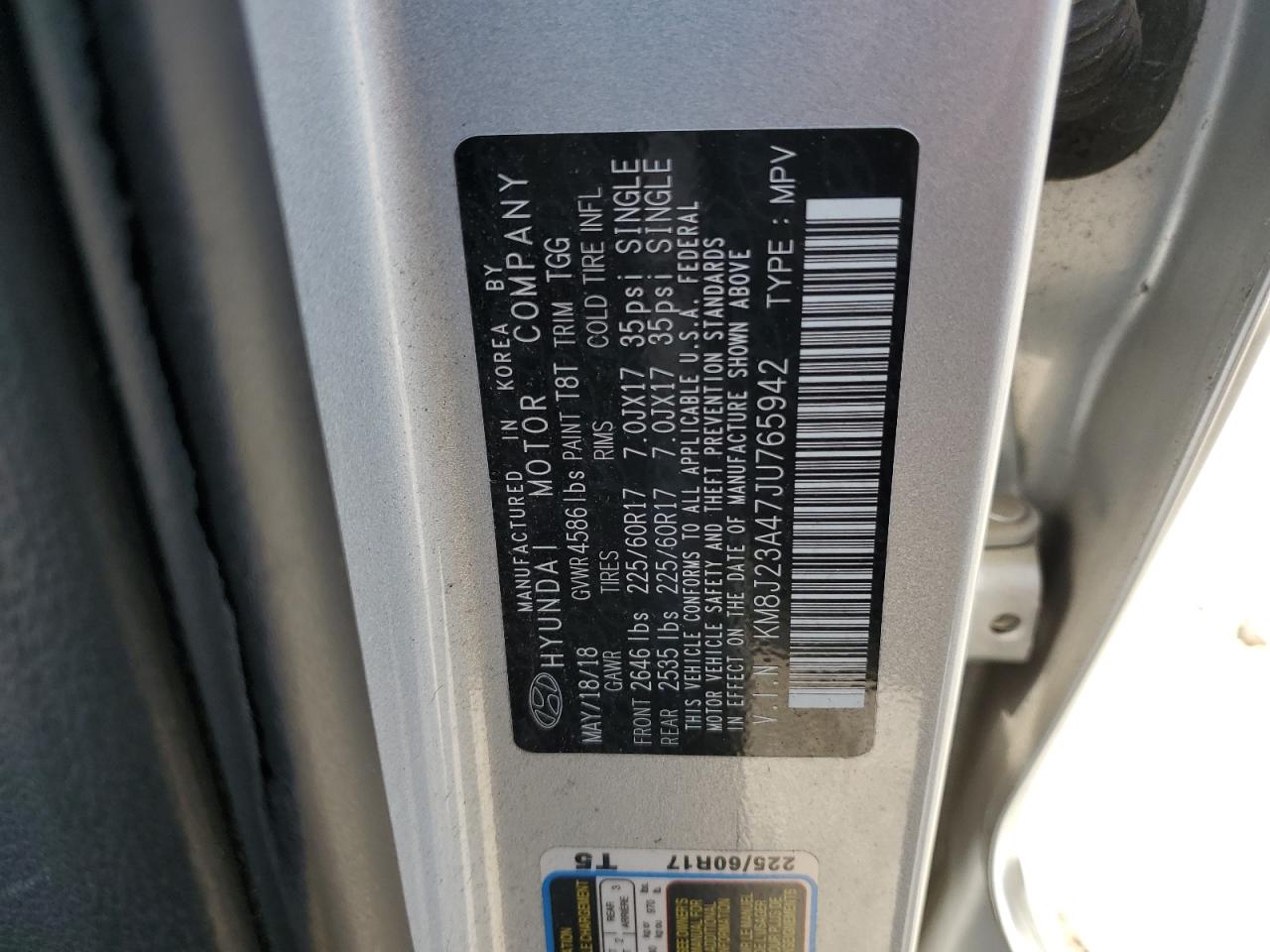 2018 Hyundai Tucson Se VIN: KM8J23A47JU765942 Lot: 62830155